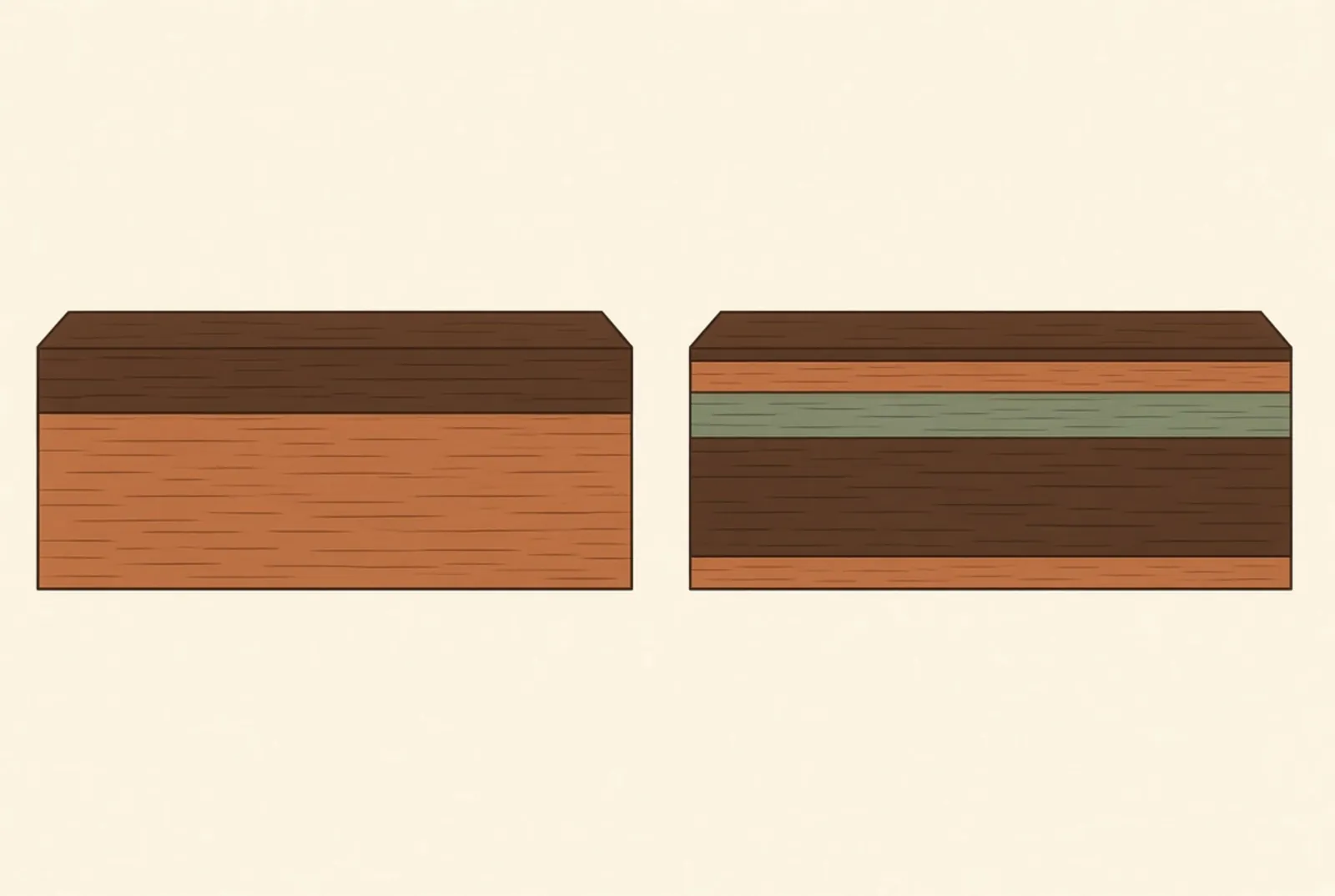 A solid board and an engineered board side by side, each marked with the refinishing depth available above the point where it can no longer be sanded.