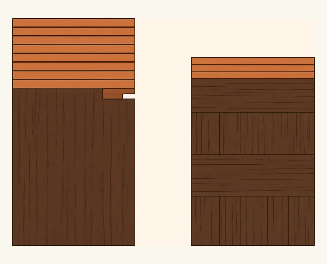 A solid board and an engineered board drawn in section, each marked with how much thickness a refinishing cycle consumes and how many cycles the remaining material allows.