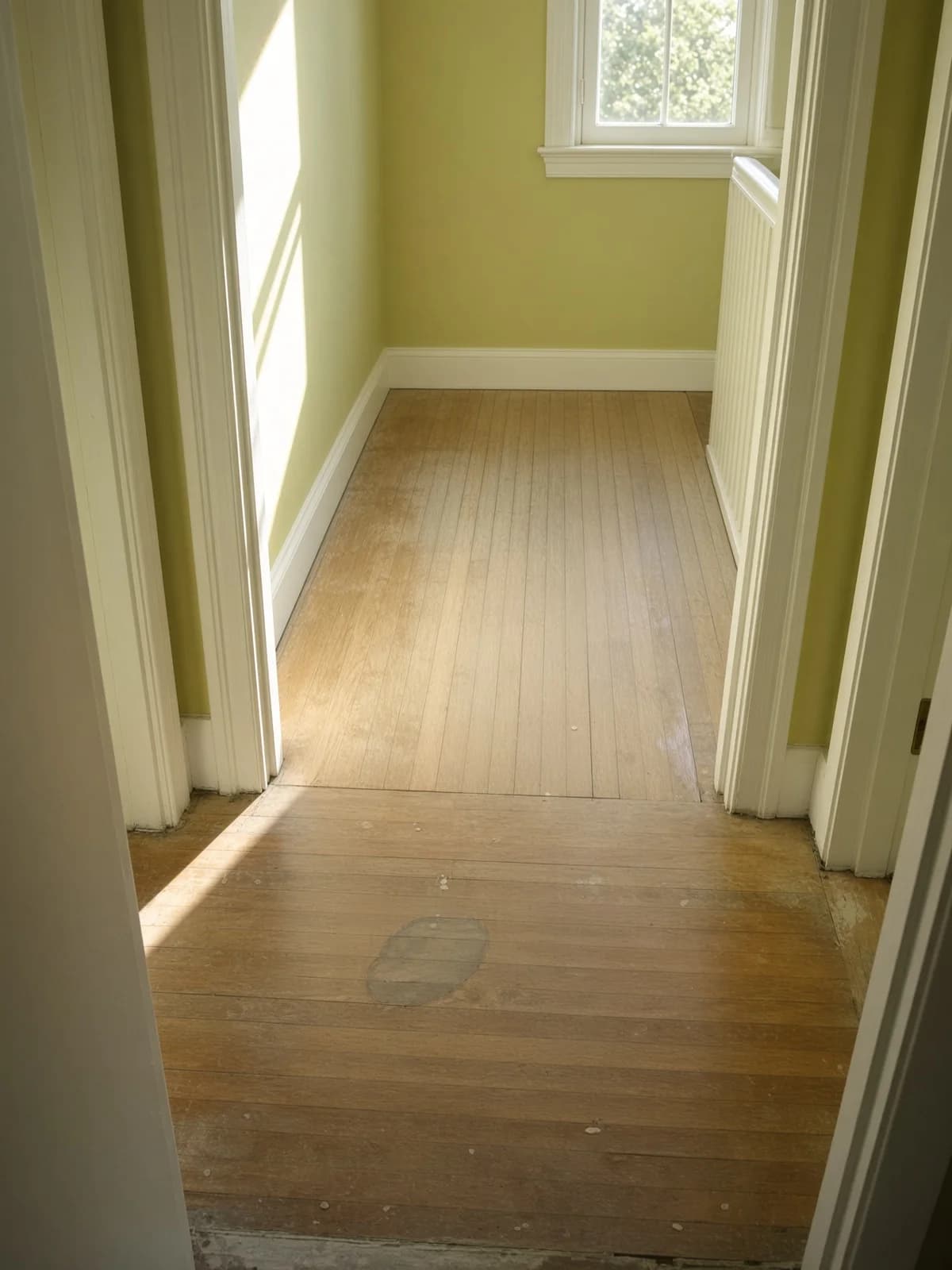 A sunlit yellow hallway before refinishing, the floor holding an old oval repair patch and years of traffic wear.