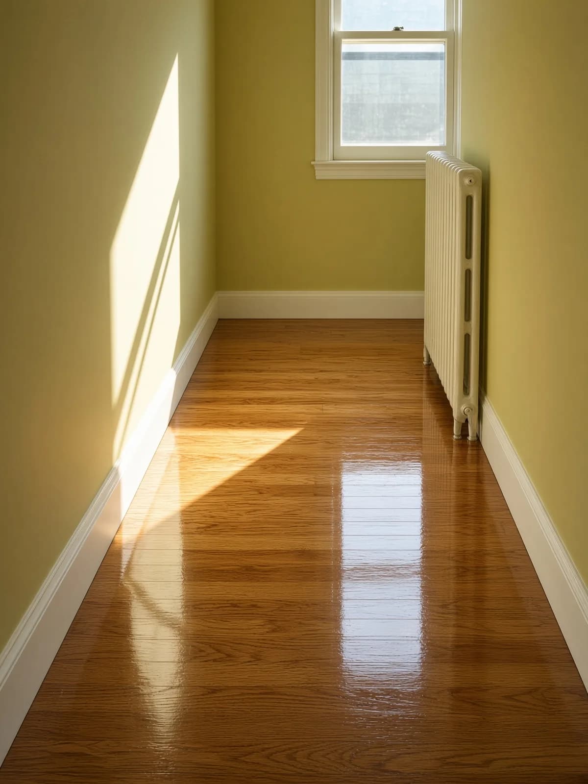 The same sunlit hallway after refinishing, the floor now reading as one even surface end to end.