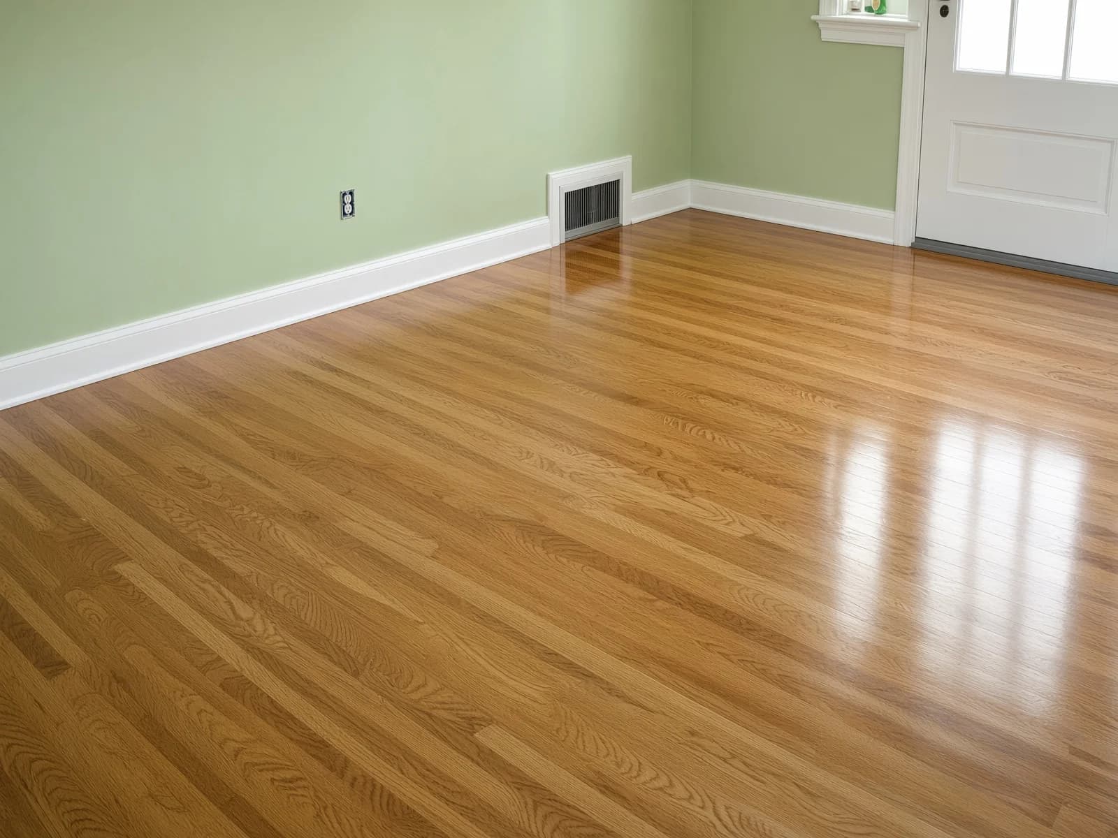 The sage room after finishing, a french door reflected cleanly in the sheen of the floor.