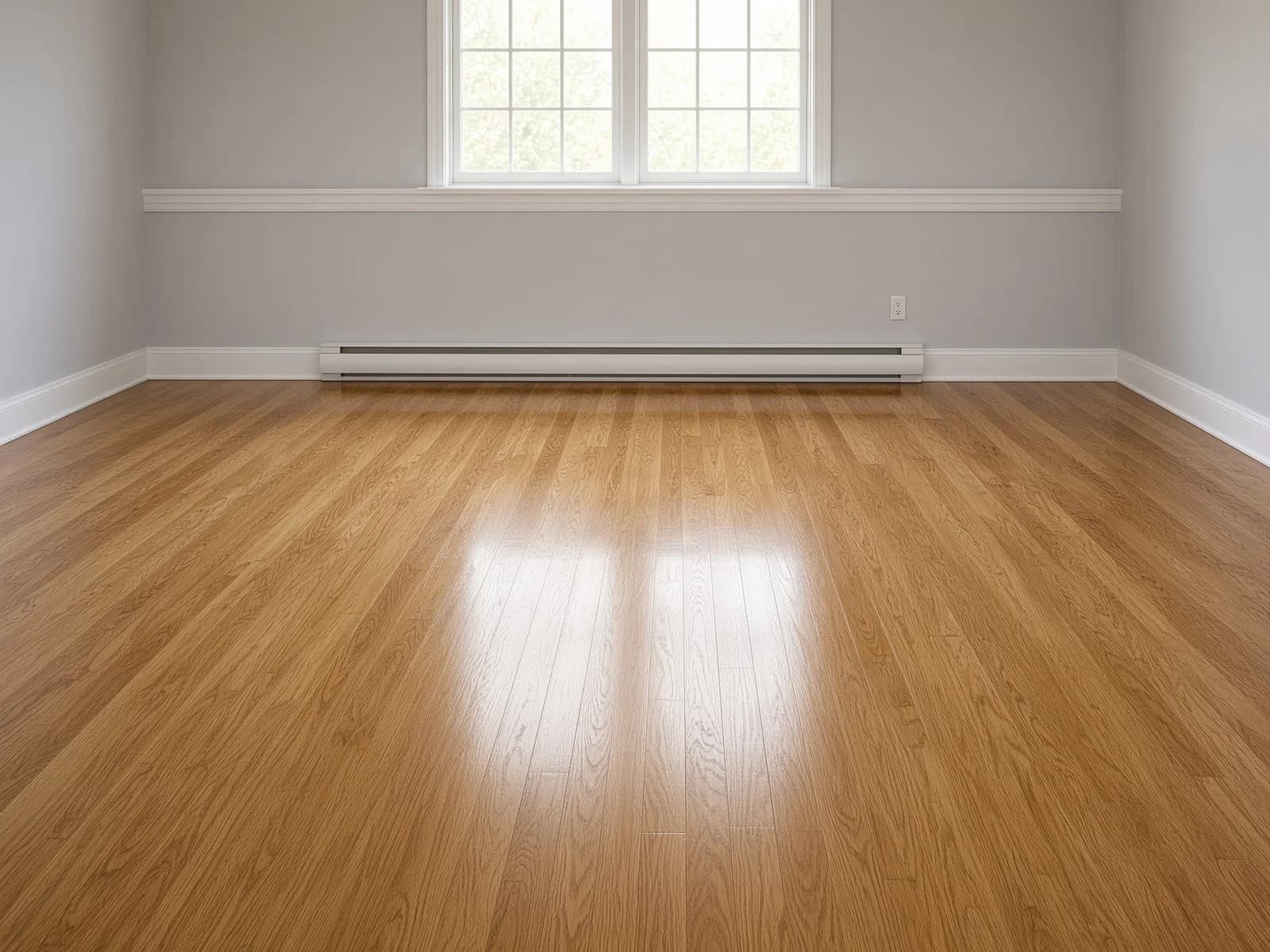 A grey-walled room with a chair rail and a long baseboard heater, the floor finished around both.