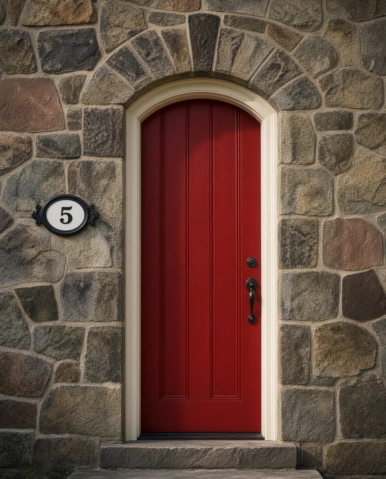 A fieldstone arch and painted door — the heritage exterior the refinish sits inside.