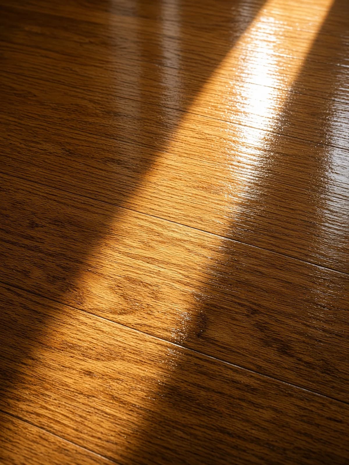 Daylight raking low across a finished floor, the sheen holding an even reflection.