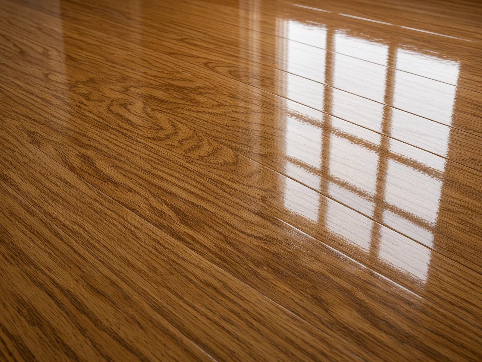 A french door reflected in the floor finish, the mullions drawn clean by the sheen.