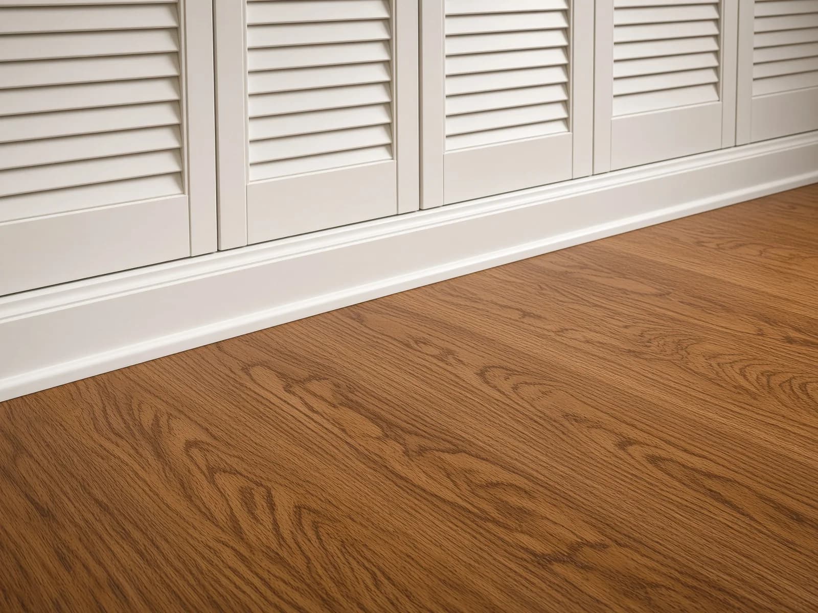 The finished floor running continuously under a wall of louvered closets.