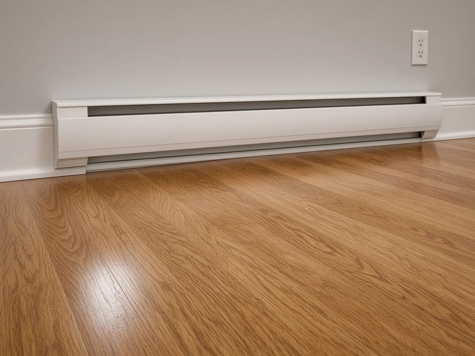 A baseboard heater left in place, the floor refinished cleanly around it.