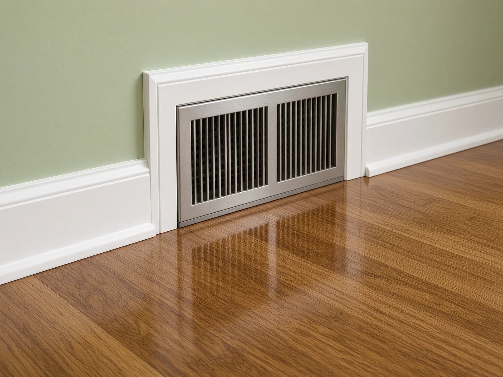 A floor register and its reflection, showing the edge work around a fixed vent.