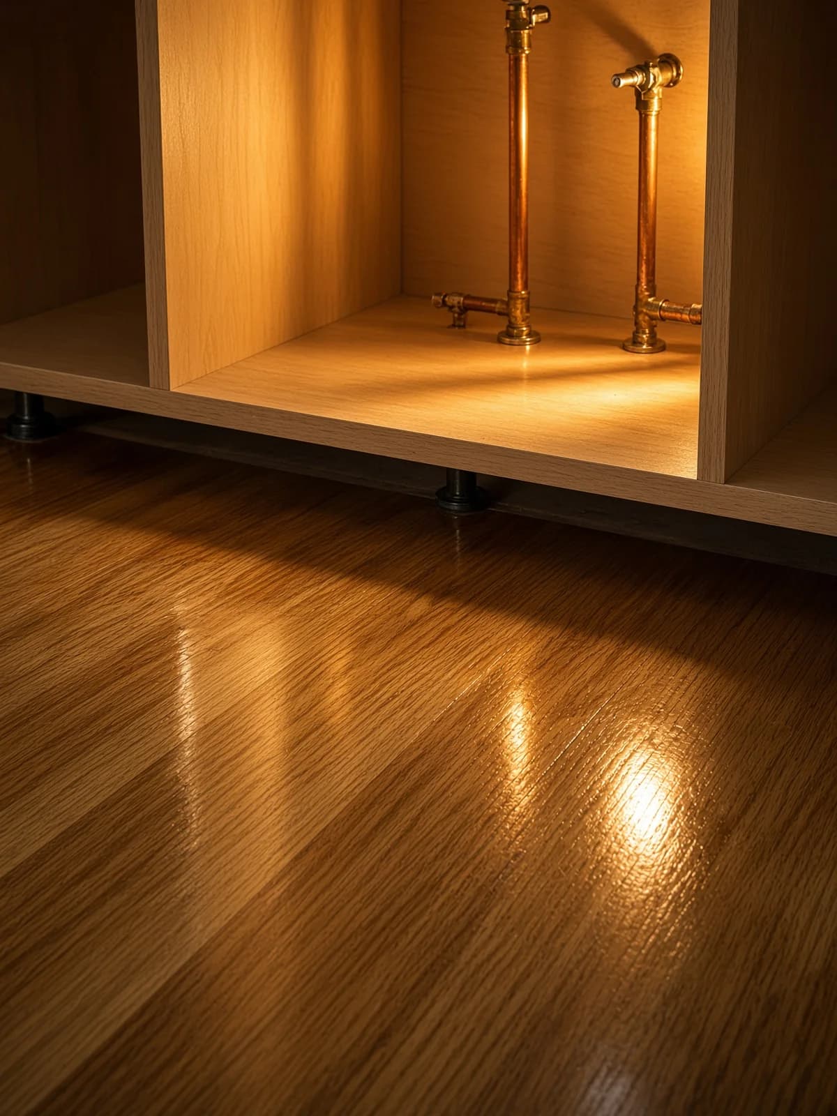 A raw cabinet box and a work light standing on a floor that was finished first.