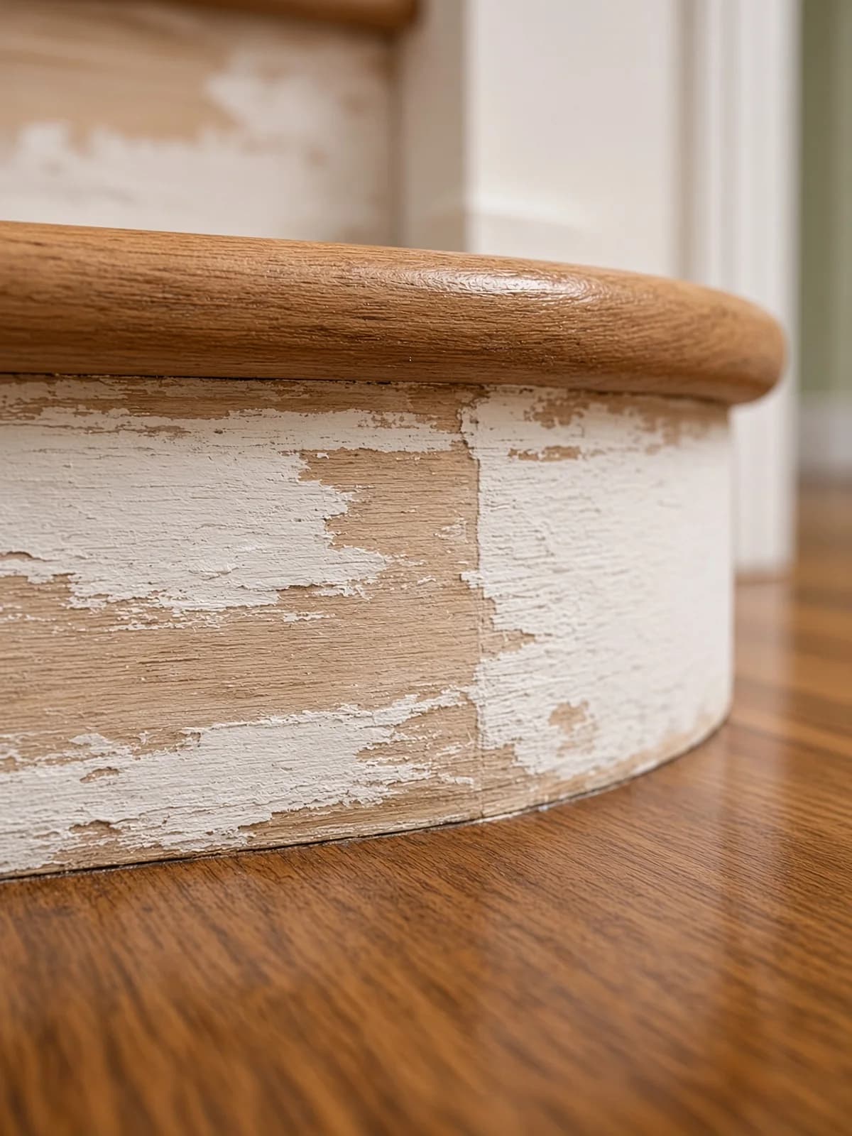 A curved first tread with paint still on the riser, a finished hallway at its foot.