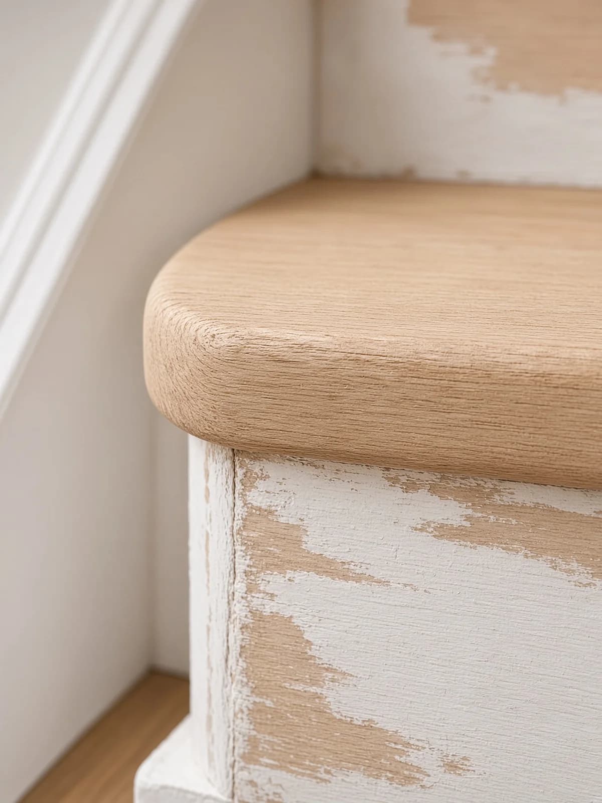 A sanded stair nosing next to a riser that still carries paint.
