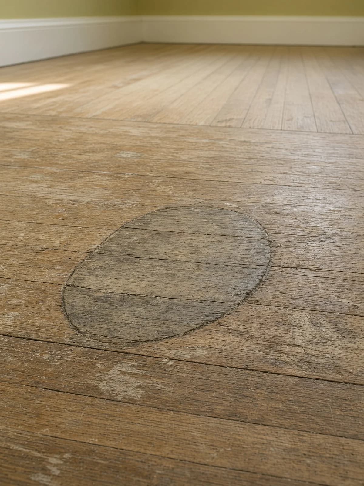 An old oval repair patch visible in a worn hallway floor before sanding.