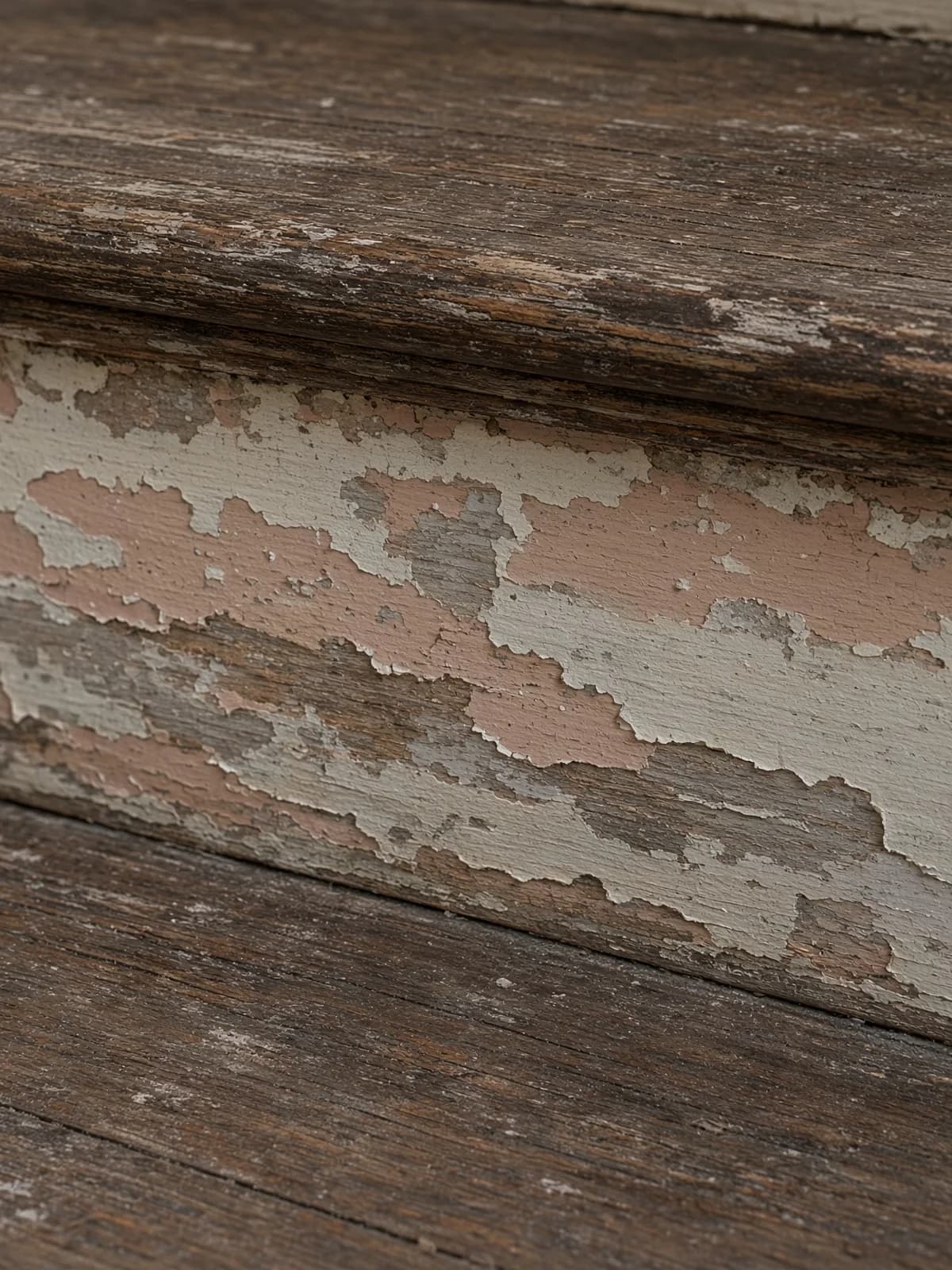 Paint failing in stacked layers on a stair riser.